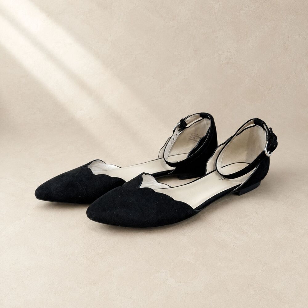 Indigo Rd Black Scalloped Ankle Strap Flats Ballet Style Shoes